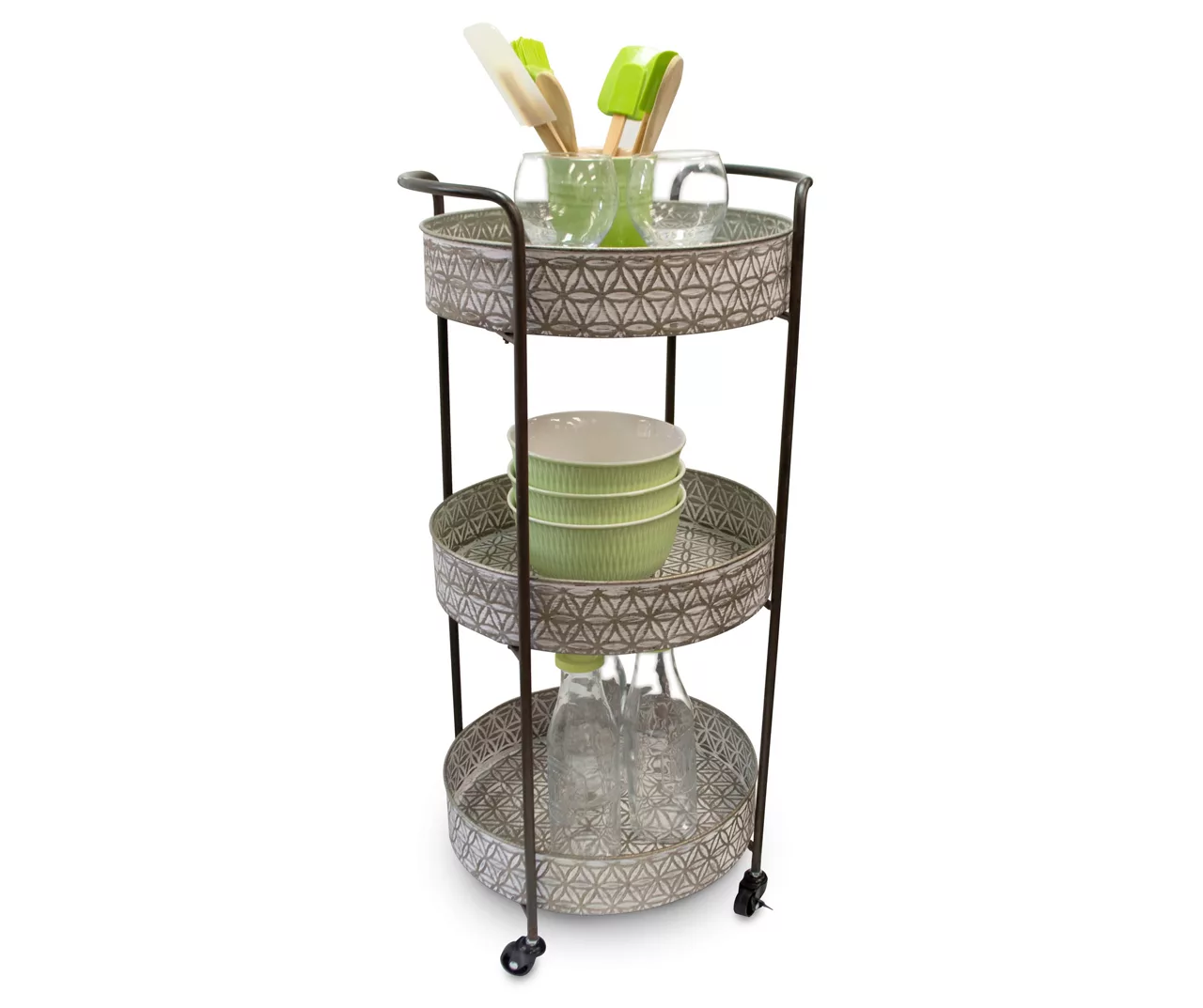 Whitewash Round Metal Tray 3-Tier Rolling Cart 2 Whitewash Round Metal Tray 3-Tier Rolling Cart - Image 2
