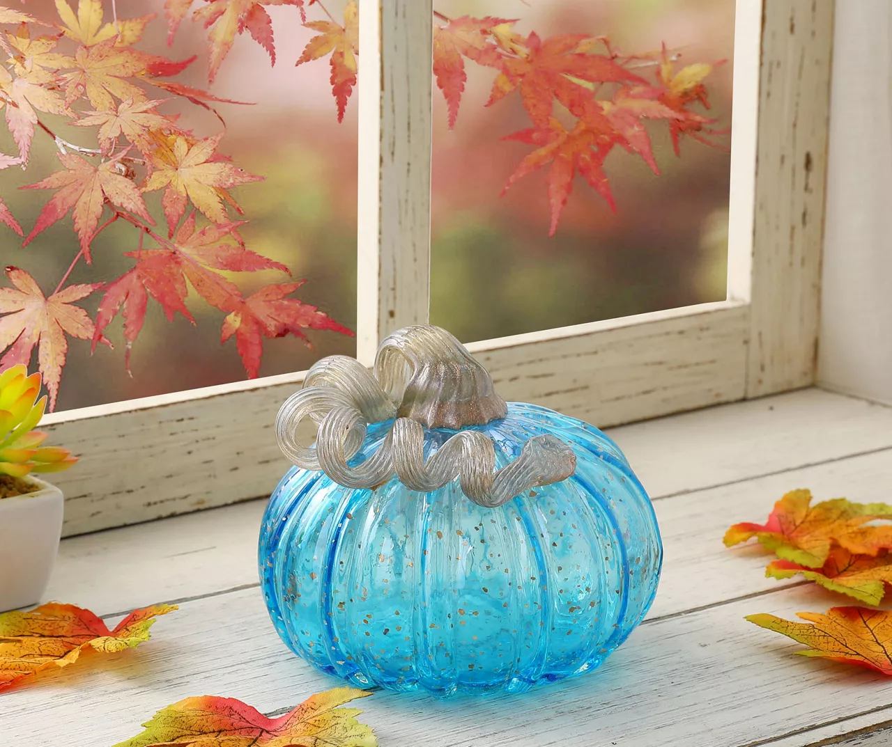 5" Blue Speckled Glass Pumpkin 3 5" Blue Speckled Glass Pumpkin - Image 3
