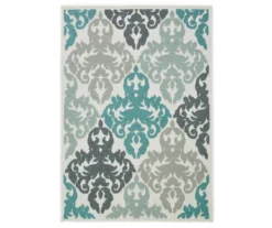 Eastlake Teal & Gray Damask Outdoor Area Rug, (7'10" X 9'6")