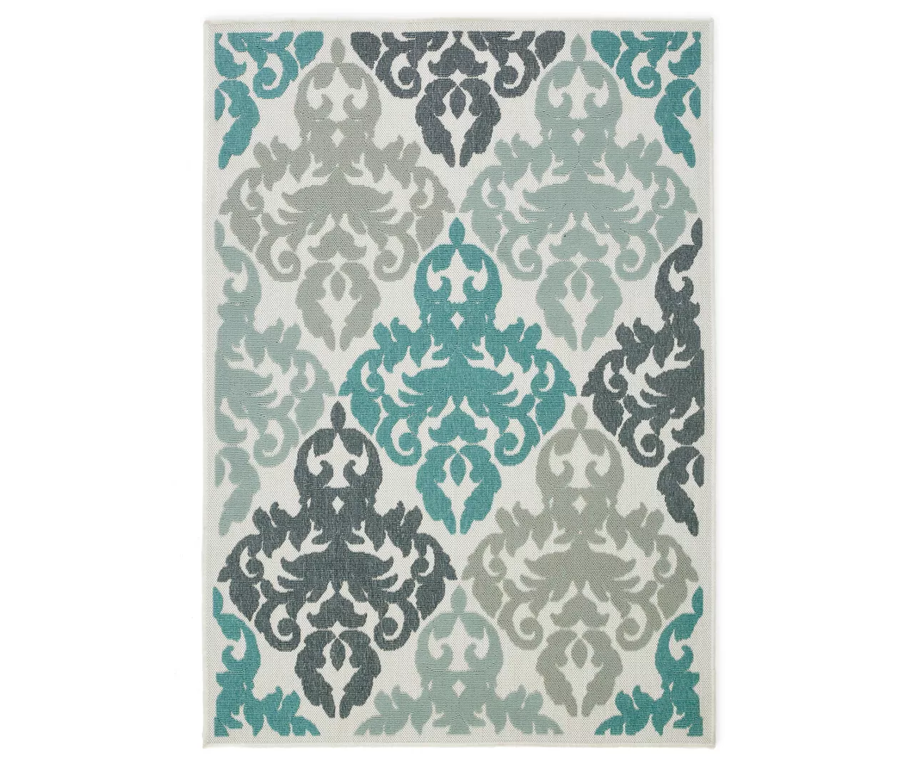 Eastlake Teal & Gray Damask Outdoor Area Rug, (7'10" X 9'6") 1 Eastlake Teal & Gray Damask Outdoor Area Rug, (7'10" X 9'6")