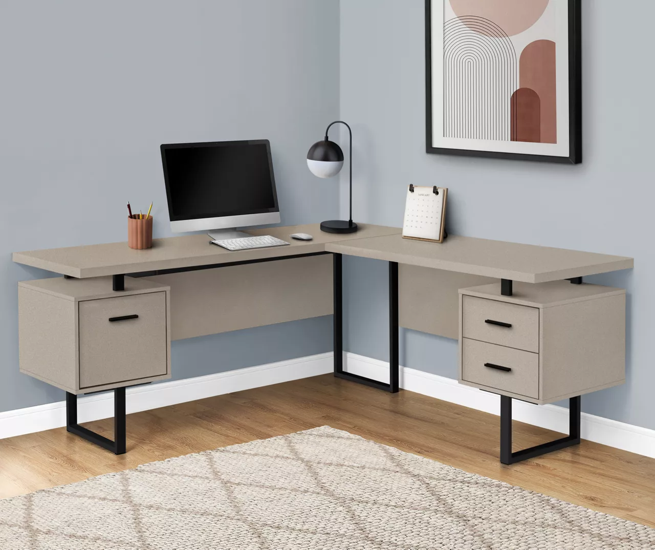 Taupe & Black 3-Drawer L-Shaped Corner Desk 2 Taupe & Black 3-Drawer L-Shaped Corner Desk - Image 2