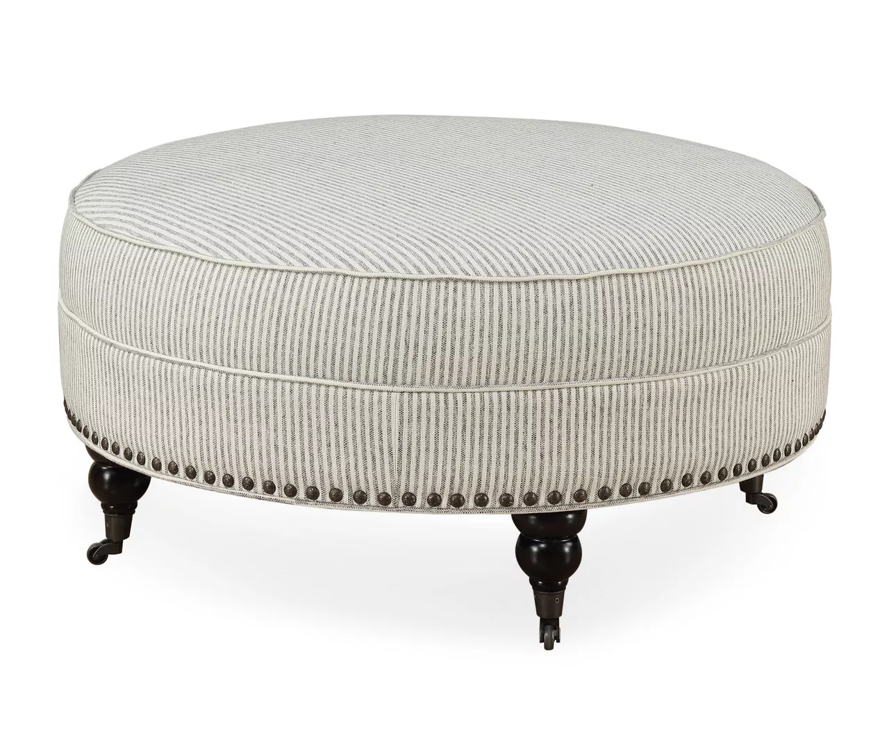 Pebble Gray Striped Upholstered Round Ottoman 1 Pebble Gray Striped Upholstered Round Ottoman