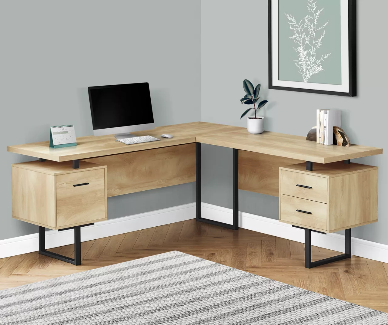Natural Wood Look 3-Drawer L-Shaped Corner Comptuer Desk 2 Natural Wood Look 3-Drawer L-Shaped Corner Comptuer Desk - Image 2