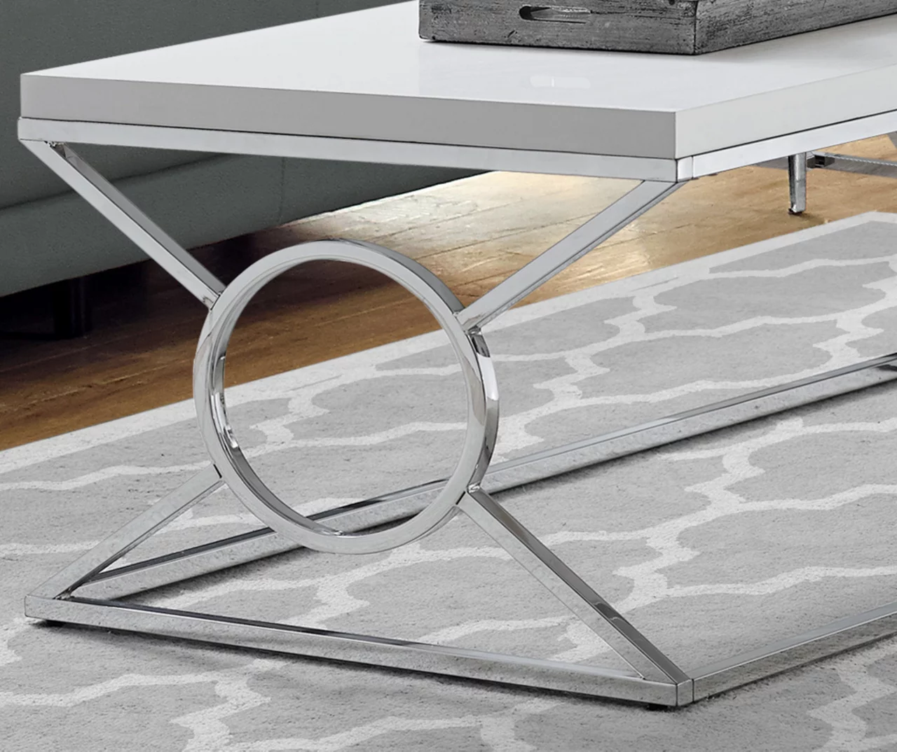 Glossy White & Chrome Metal Coffee Table 2 Glossy White & Chrome Metal Coffee Table - Image 2