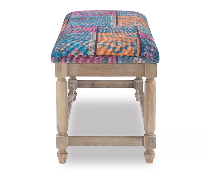 Moroccan Tapestry Upholstered Rustic Driftwood Bench 5 Moroccan Tapestry Upholstered Rustic Driftwood Bench - Image 5