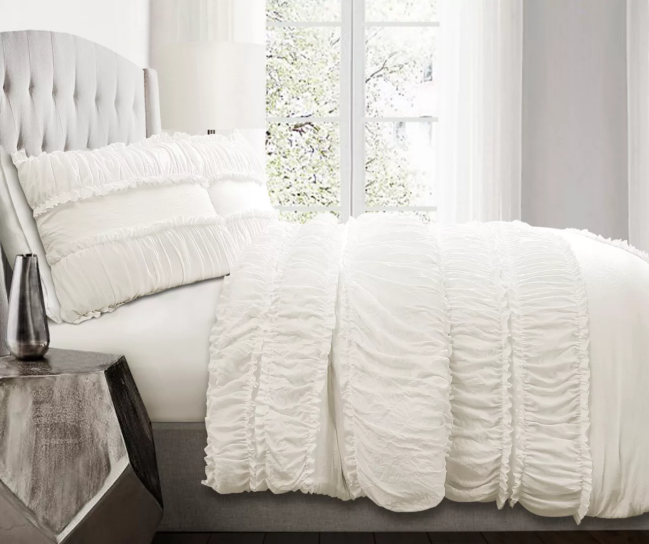 Nova White Ruffled Full/Queen 3-Piece Comforter Set 1 Nova White Ruffled Full/Queen 3-Piece Comforter Set