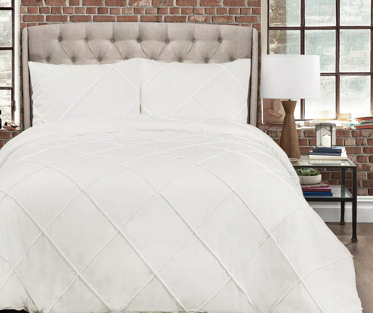 White Diamond Lattice Pom-Pom King 3-Piece Comforter Set 1 White Diamond Lattice Pom-Pom King 3-Piece Comforter Set