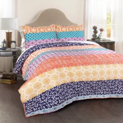 Fuchsia & Orange Bohemian Pattern Stripe Full/Queen 3-Piece Quilt Set -Northlight Outlet Home Store 810552951 11