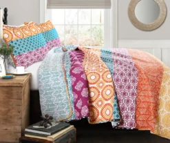 Fuchsia & Orange Bohemian Pattern Stripe Full/Queen 3-Piece Quilt Set