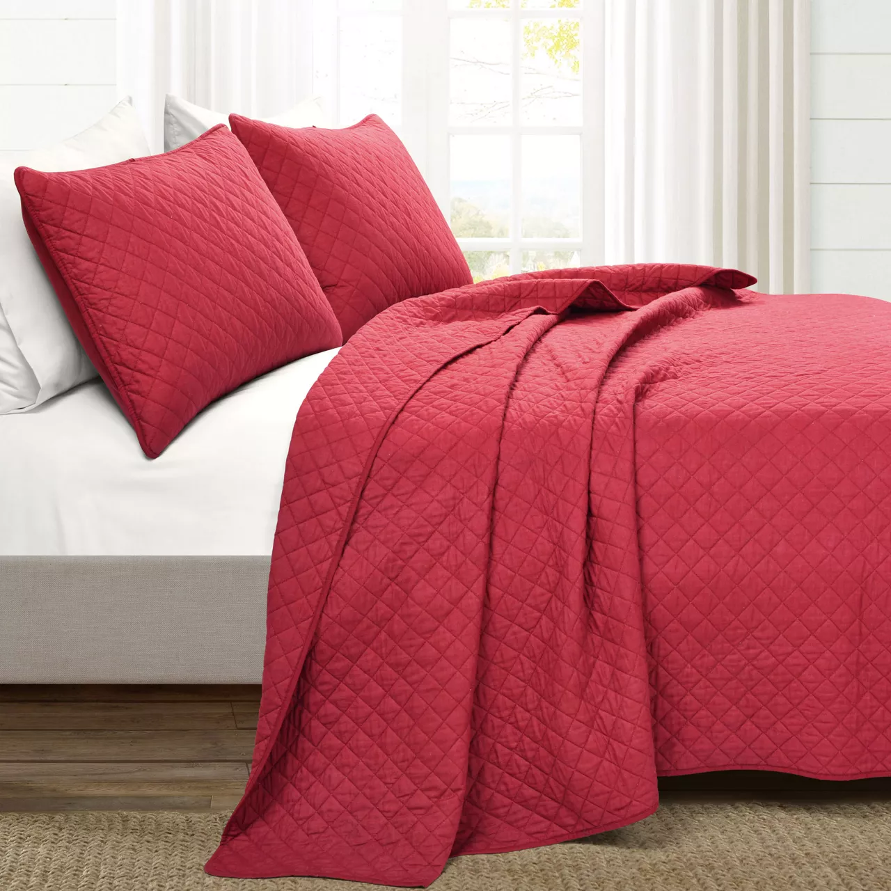 Ava Red Diamond-Quilted Full/Queen 3-Piece Quilt Set 2 Ava Red Diamond-Quilted Full/Queen 3-Piece Quilt Set - Image 2