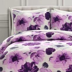 Leah Gray & Purple Floral Full/Queen 3-Piece Quilt Set 16 Leah Gray & Purple Floral Full/Queen 3-Piece Quilt Set -Northlight Outlet Home Store 810553027 31