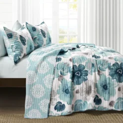 Leah White & Blue Floral Full/Queen 3-Piece Quilt Set -Northlight Outlet Home Store 810553029 11