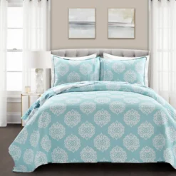 Leah White & Blue Floral Full/Queen 3-Piece Quilt Set -Northlight Outlet Home Store 810553029 21
