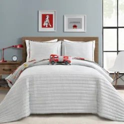 Gray & Red Fire Truck Twin 3-Piece Quilt Set -Northlight Outlet Home Store 810553048 2