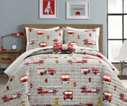 Gray & Red Fire Truck Twin 3-Piece Quilt Set