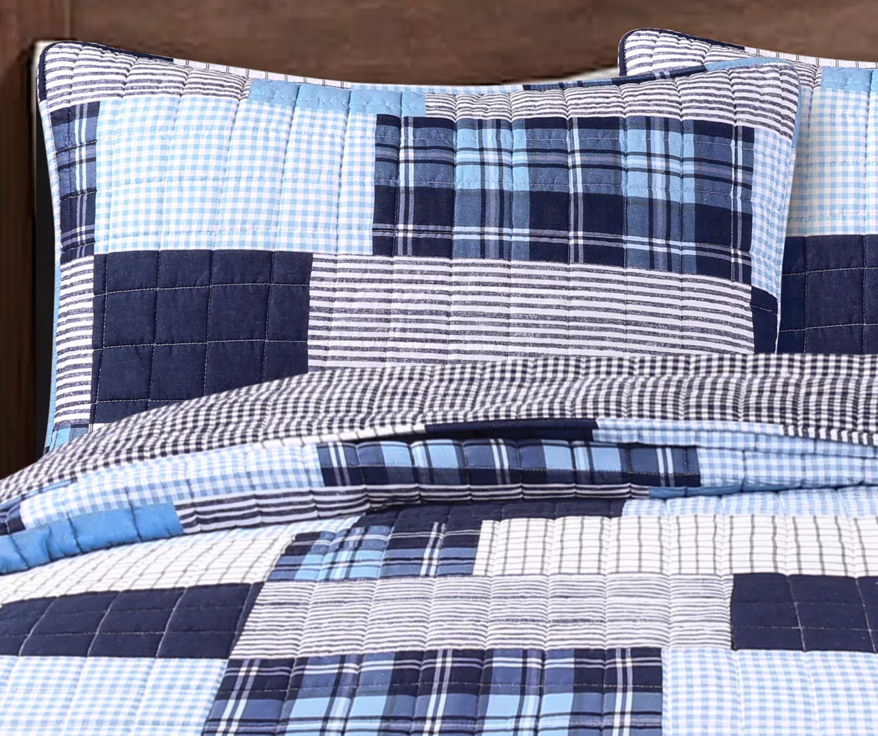Greenville Navy & Blue Plaid Patchwork Full/Queen 3-Piece Quilt Set 2 Greenville Navy & Blue Plaid Patchwork Full/Queen 3-Piece Quilt Set - Image 2