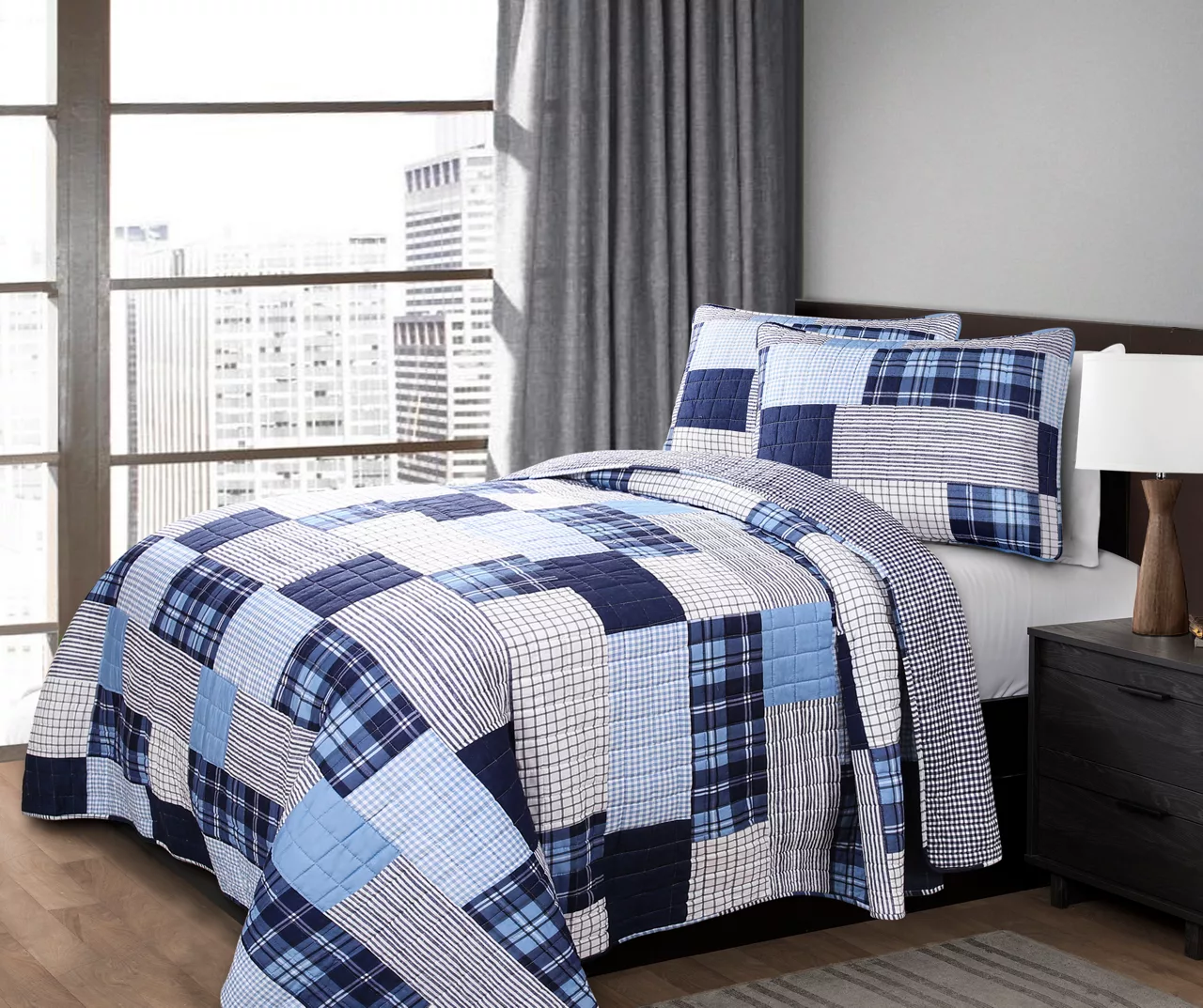 Greenville Navy & Blue Plaid Patchwork Full/Queen 3-Piece Quilt Set 6 Greenville Navy & Blue Plaid Patchwork Full/Queen 3-Piece Quilt Set - Image 6