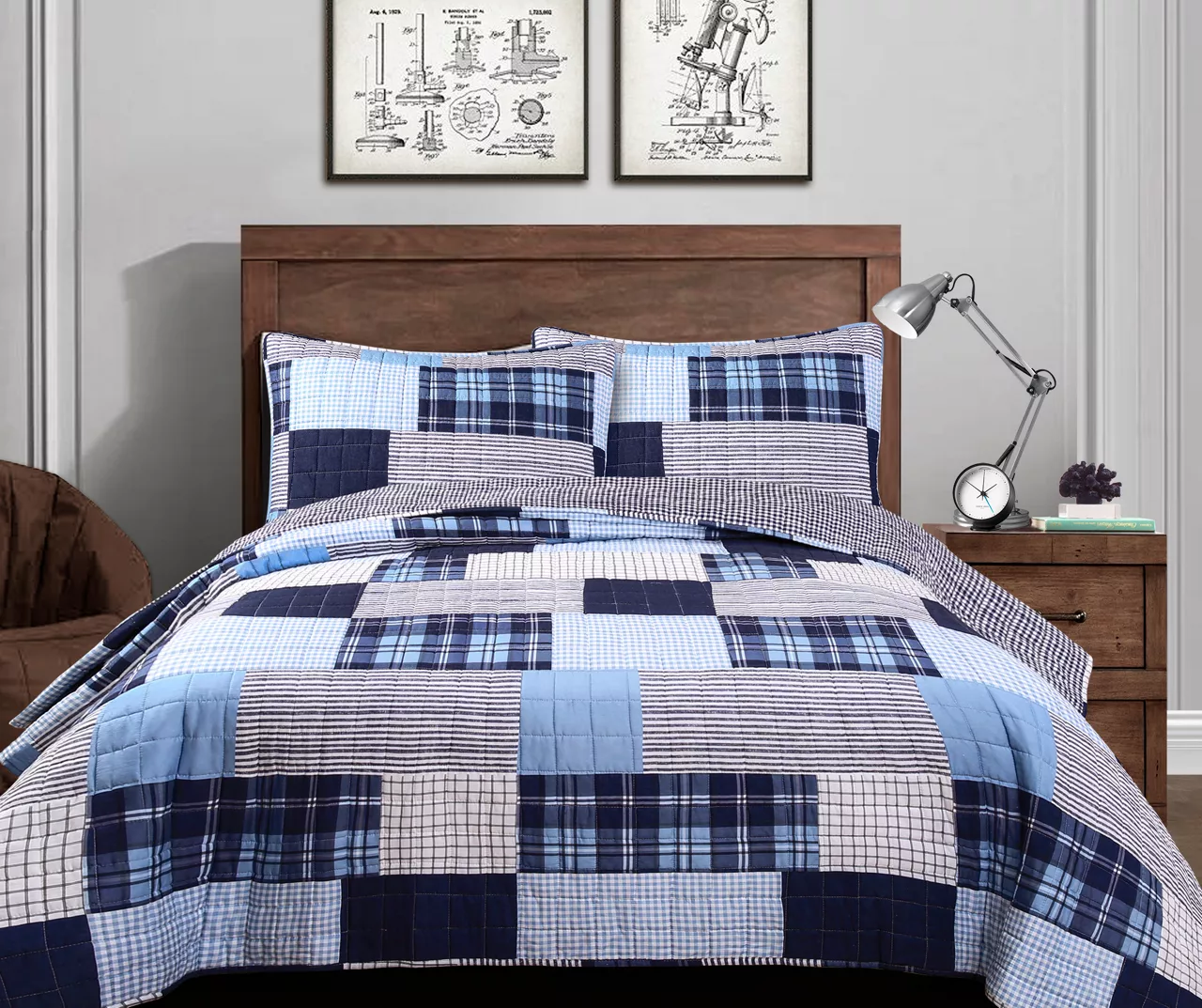 Greenville Navy & Blue Plaid Patchwork Full/Queen 3-Piece Quilt Set 1 Greenville Navy & Blue Plaid Patchwork Full/Queen 3-Piece Quilt Set