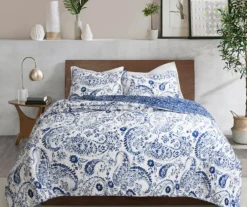 Erindale White & Blue Floral Paisley Full/Queen 3-Piece Quilt Set