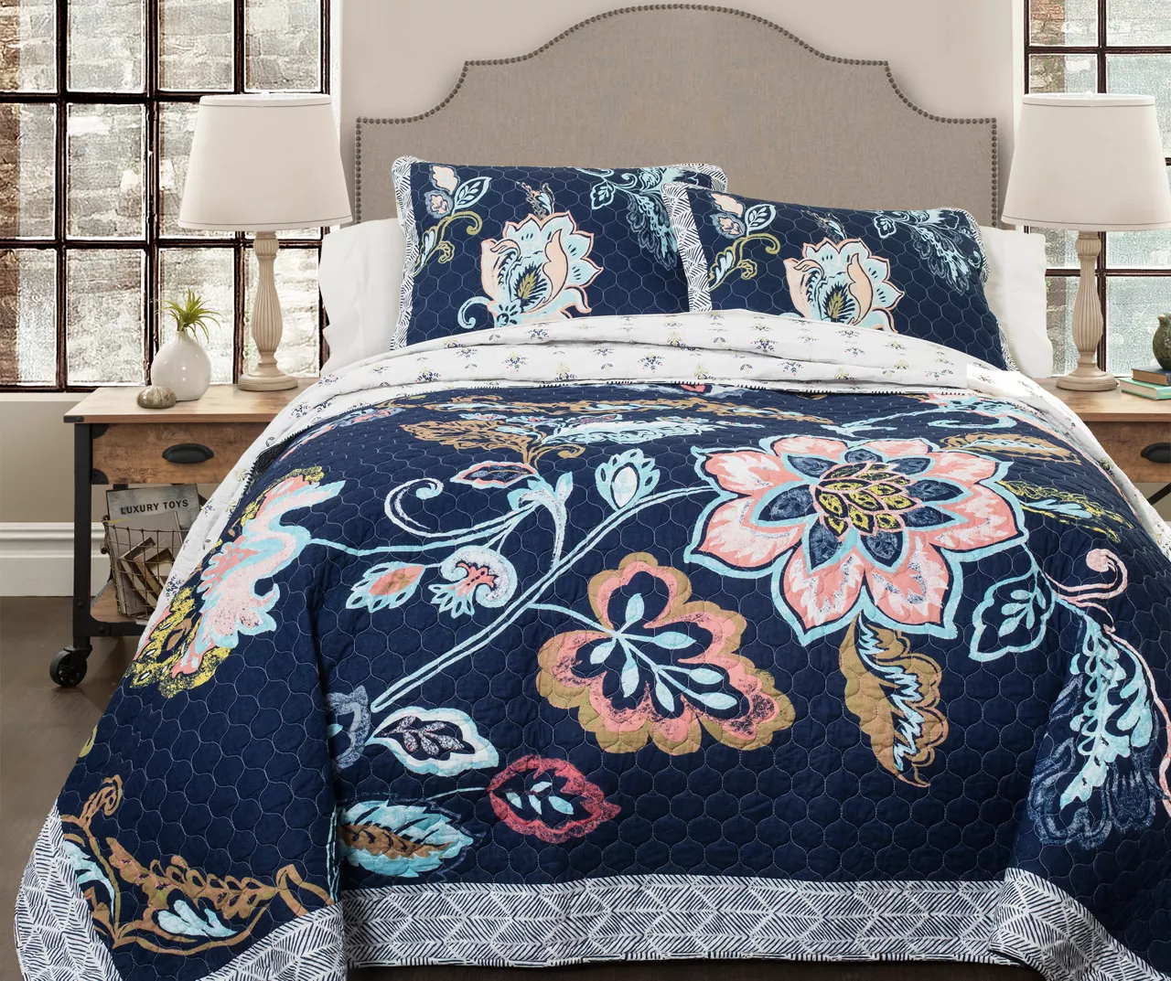 Aster Navy & Pink Floral King 3-Piece Quilt Set 1 Aster Navy & Pink Floral King 3-Piece Quilt Set