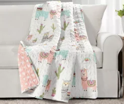 White & Pastel Llama Cactus Quilted Throw, (50" X 60")
