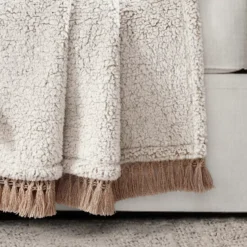 Beige Tassel-Fringe Sherpa Throw, (50" X 60") -Northlight Outlet Home Store 810553491 1