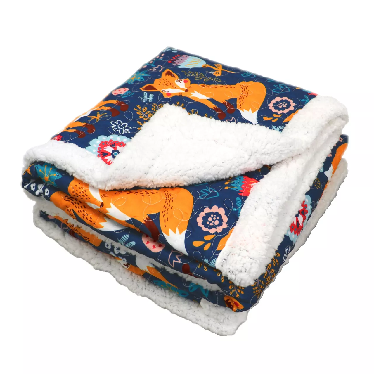 Pixie Navy & Orange Floral Fox Quilted Sherpa Throw, (50" X 60") 2 Pixie Navy & Orange Floral Fox Quilted Sherpa Throw, (50" X 60") - Image 2