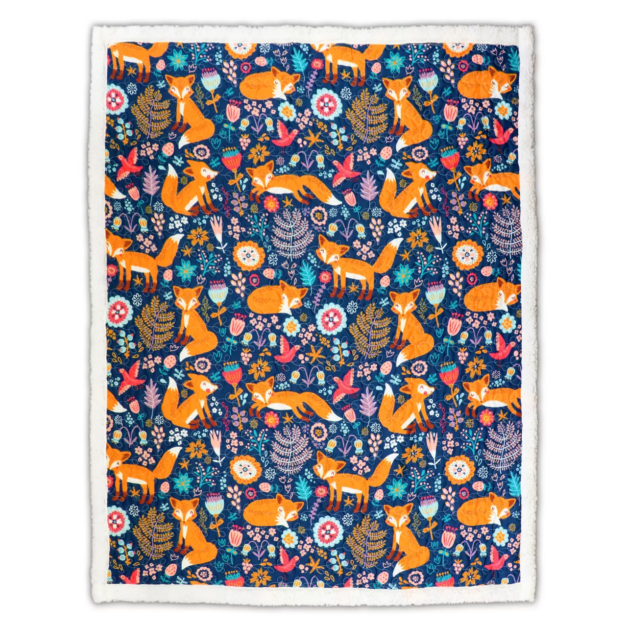 Pixie Navy & Orange Floral Fox Quilted Sherpa Throw, (50" X 60") 5 Pixie Navy & Orange Floral Fox Quilted Sherpa Throw, (50" X 60") - Image 5