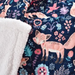 Pixie Navy & Pink Floral Fox Quilted Sherpa Throw, (50" X 60") -Northlight Outlet Home Store 810553497 2