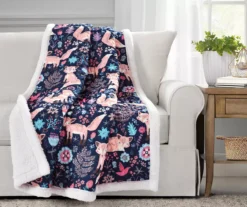 Pixie Navy & Pink Floral Fox Quilted Sherpa Throw, (50" X 60")