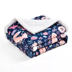 Pixie Navy & Pink Floral Fox Quilted Sherpa Throw, (50" X 60") -Northlight Outlet Home Store 810553497 4