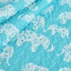 Aqua & White Elephant Parade Quilted Sherpa Throw, (50" X 60") -Northlight Outlet Home Store 810553502 2