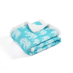 Aqua & White Elephant Parade Quilted Sherpa Throw, (50" X 60") -Northlight Outlet Home Store 810553502 4