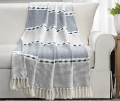Navy & White Thread-Stripe Herringbone Tassel-Trim Throw, (50" X 60")
