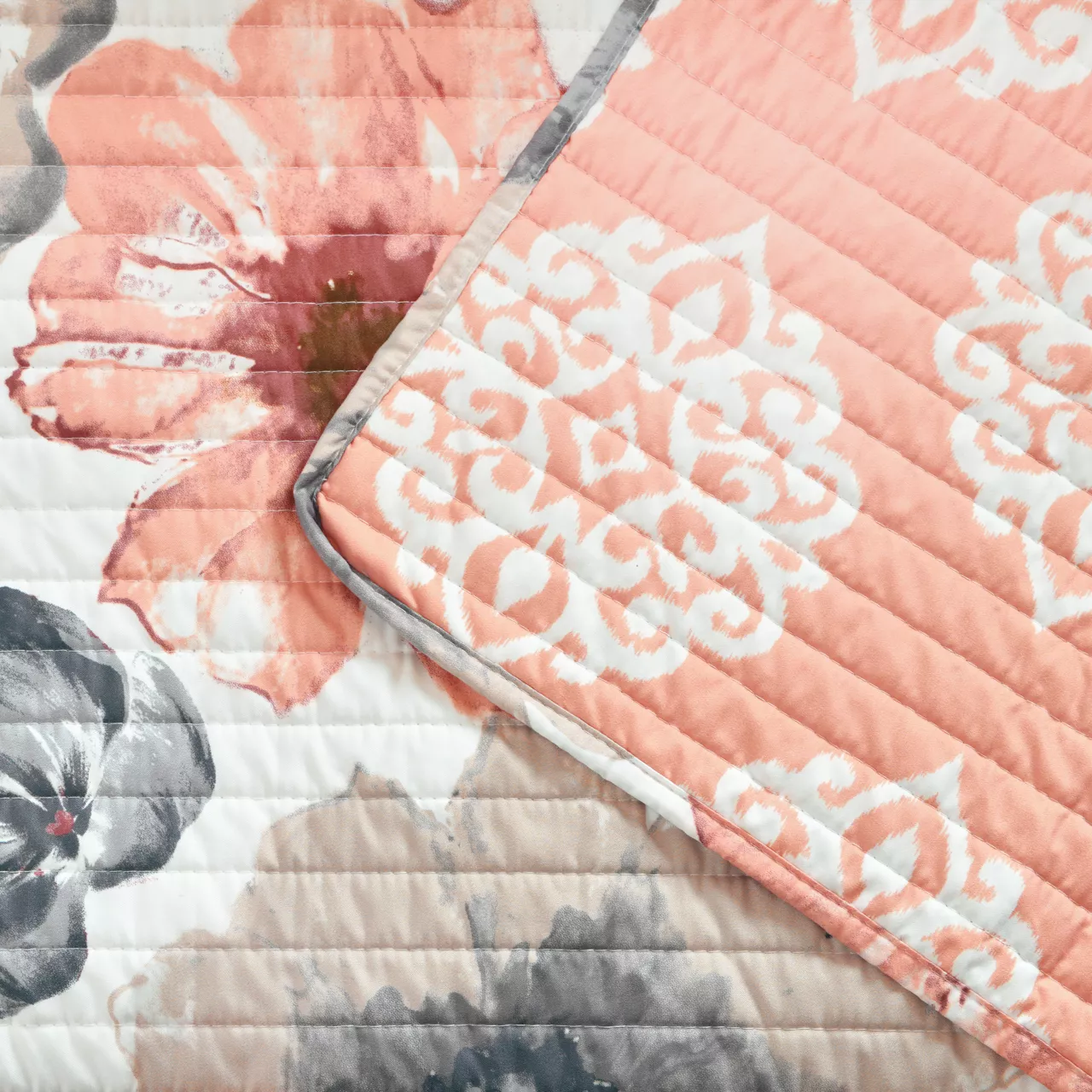 Leah Coral & Gray Floral Quilted Throw, (50" X 60") 2 Leah Coral & Gray Floral Quilted Throw, (50" X 60") - Image 2