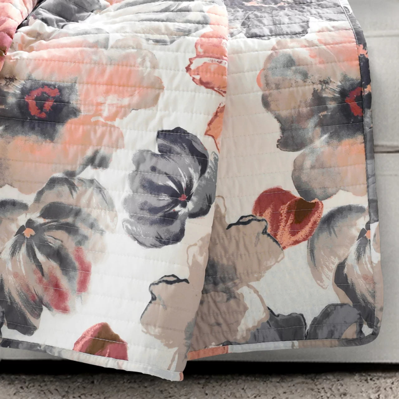 Leah Coral & Gray Floral Quilted Throw, (50" X 60") 3 Leah Coral & Gray Floral Quilted Throw, (50" X 60") - Image 3