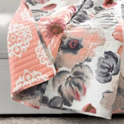 Leah Coral & Gray Floral Quilted Throw, (50" X 60") 9 Leah Coral & Gray Floral Quilted Throw, (50" X 60") -Northlight Outlet Home Store 810553529 3