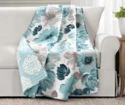 Leah White & Blue Floral Quilted Throw, (50" X 60")