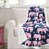 Navy & Pink Elephant Parade Quilted Sherpa Throw, (50" X 60")