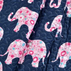 Navy & Pink Elephant Parade Quilted Sherpa Throw, (50" X 60") -Northlight Outlet Home Store 810553536 11