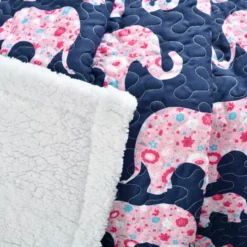 Navy & Pink Elephant Parade Quilted Sherpa Throw, (50" X 60") -Northlight Outlet Home Store 810553536 2