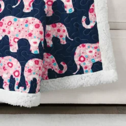 Navy & Pink Elephant Parade Quilted Sherpa Throw, (50" X 60") -Northlight Outlet Home Store 810553536 3