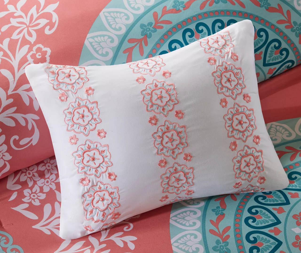 Blaire Coral & Aqua Boho Medallion Twin XL 8-Piece Comforter Set 9 Blaire Coral & Aqua Boho Medallion Twin XL 8-Piece Comforter Set - Image 9