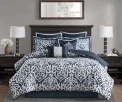 Eliot Navy & White Damask Jacquard California King 8-Piece Comforter Set