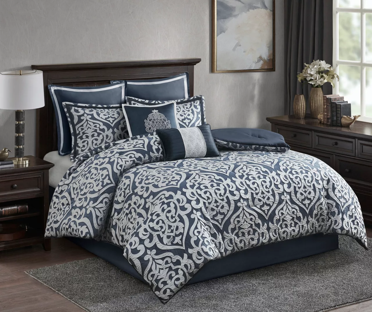 Eliot Navy & White Damask Jacquard California King 8-Piece Comforter Set 2 Eliot Navy & White Damask Jacquard California King 8-Piece Comforter Set - Image 2