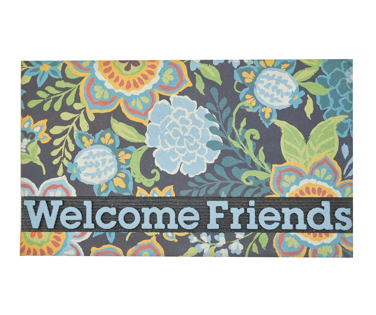 Francesca "Welcome Friends" Blue & Charcoal Floral Doormat 1 Francesca "Welcome Friends" Blue & Charcoal Floral Doormat