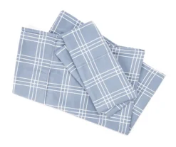 Blue & White Grid Plaid Queen 4-Piece Microfiber Sheet Set