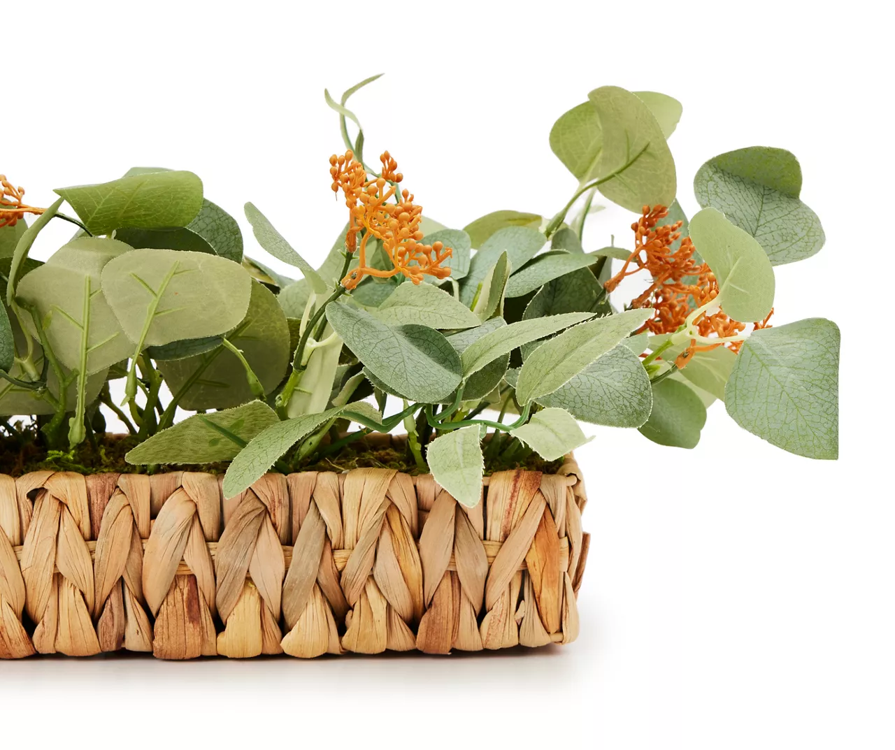 New Beginnings Green & Orange Artificial Greenery In Woven Tray 2 New Beginnings Green & Orange Artificial Greenery In Woven Tray - Image 2
