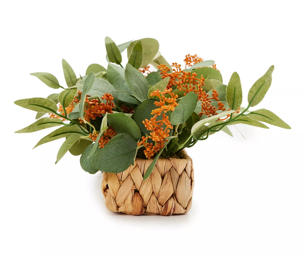 New Beginnings Green & Orange Artificial Greenery In Woven Tray 3 New Beginnings Green & Orange Artificial Greenery In Woven Tray - Image 3