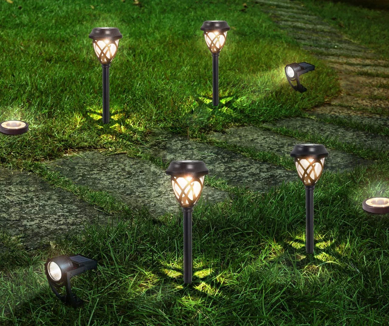 Yard Stake, Spotlight & Disc Light 8-Piece LED Solar Pathway Marker Set 2 Yard Stake, Spotlight & Disc Light 8-Piece LED Solar Pathway Marker Set - Image 2